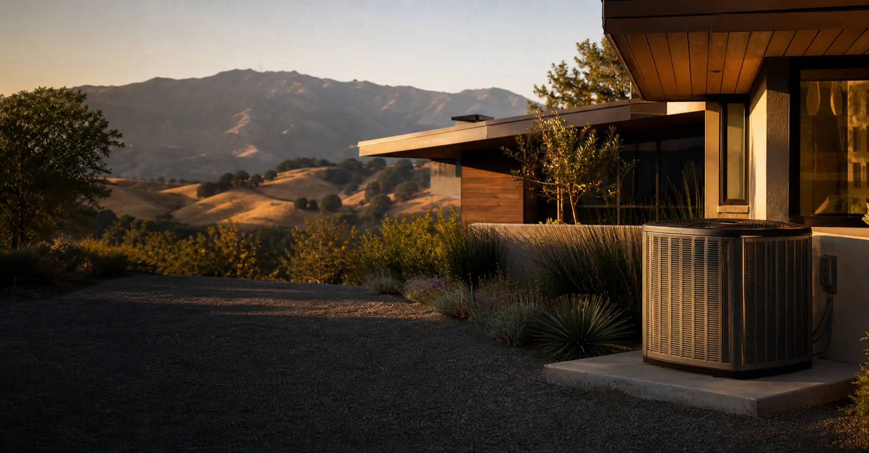 Modern residential air-conditioning condenser beside a Marin County hillside home at golden hour with oak-covered hills behind.
