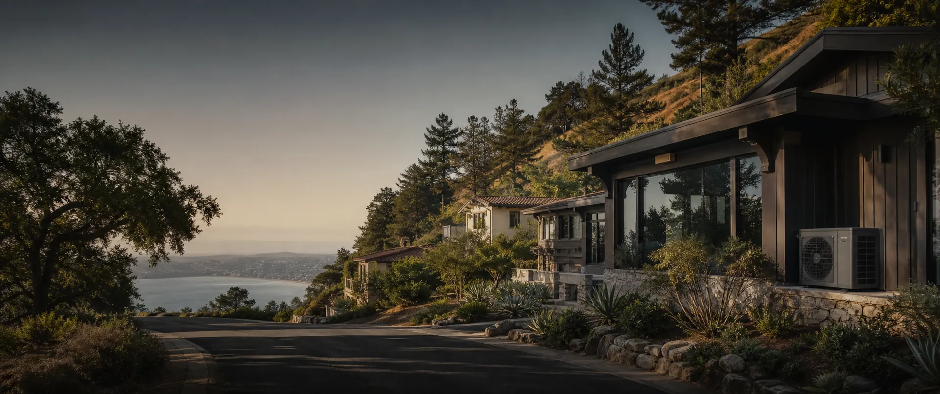 Quiet residential street of Marin County homes on a golden oak-covered hillside under soft morning light.