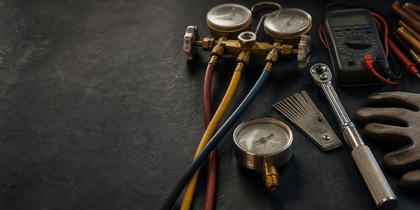 Neatly arranged professional HVAC service tools and refrigerant manifold gauges on a dark workbench.