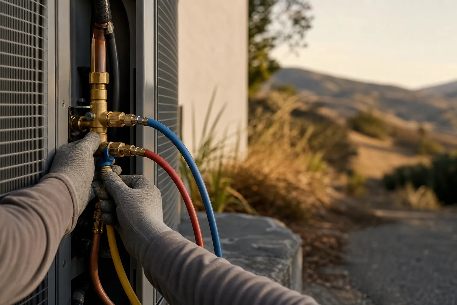 Gloved technician's hands attaching refrigerant gauge hoses to an outdoor heat-pump condenser during a service call.